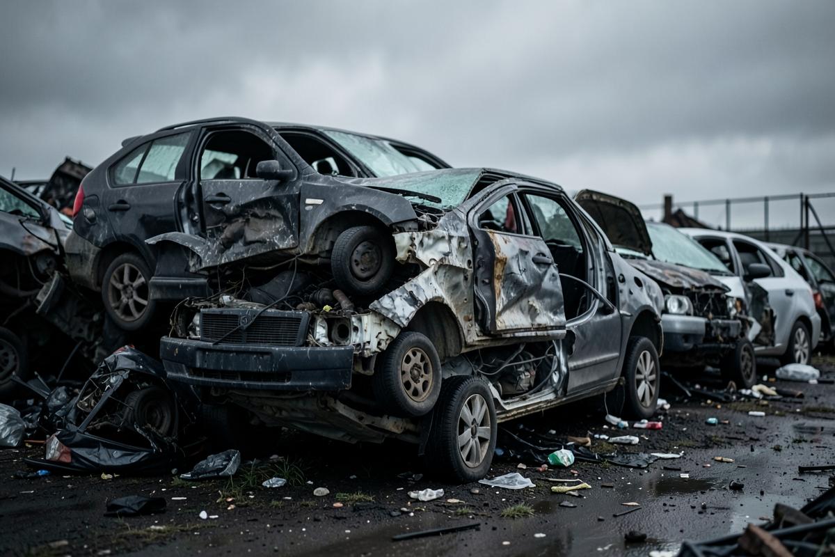 Wrecked junk cars stacked in a salvage yard